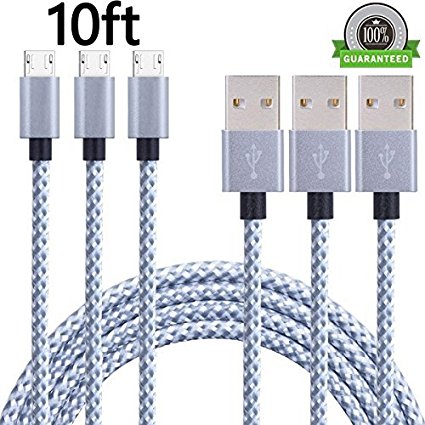 ONSON Android Charger Cable,3Pack 10FT Extra Long Nylon Braided High Speed 2.0 USB to Micro USB Charging Cord Fast Charger Cable for Samsung Galaxy S7/S6/S5/Edge,Note 5/4/3,HTC,LG,Nexus(Gray White)