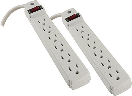 GE 14833 Grounded Six-Outlet General Purpose Power Strip, White, 2-Pack