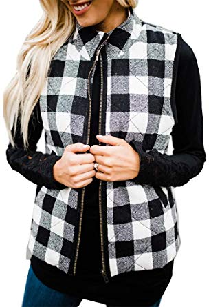 Womens Buffalo Plaid Vest Quilted Fall Puff Lined Zip Jacket Gilet with Pockets