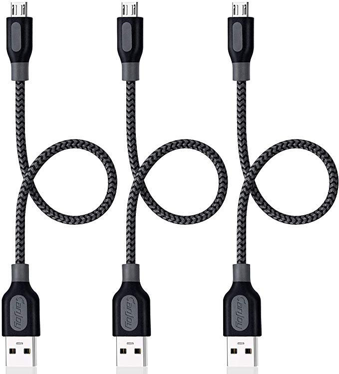 Short Micro USB Cable, Canjoy 3Pack 1ft Nylon Braided High Speed USB 2.0 to Micro USB Charging Cable Compatible Samsung Galaxy S6 S7 Edge J7,Moto G5 G5S Plus,Sony Xperia Z5 Z3,Android Phones - Grey