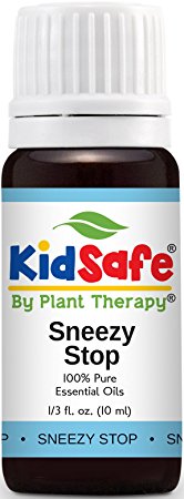 Plant Therapy KidSafe Sneezy Stop Synergy Essential Oils Blend. Blend of: Fir Needle, Lavender, Geranium Egypt, Blue Tansy and Rose Absolute. 10 ml (1/3 oz).