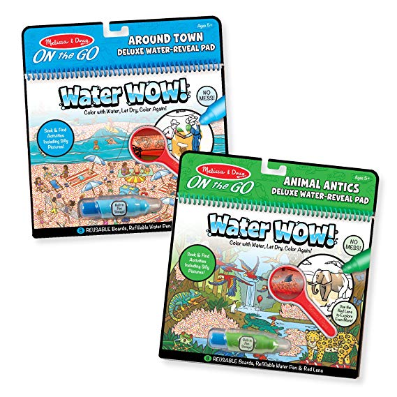 Melissa & Doug Water Wow Reusable Color-with-Water Deluxe Travel Activity Pad 2 Pack – Around Town, Animal Antics
