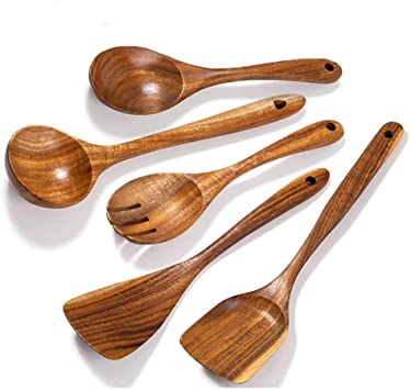 Wooden Cooking Utensils Set 5, Wooden Spatulas and Wooden Spoons Cooking Utensils, Handmade by Natural Teak Wooden Kitchen Utensils for Nonstick Cookware.