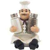 Sitting French Chef Pierre Glass Salt and Pepper Shaker Set with Decorative Display Stand Table Centerpiece Figurine for Country Cottage Decor Spice Racks and Gourmet Kitchen Decorations As Collectible Housewarming Gifts