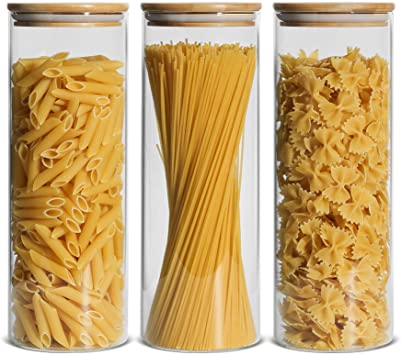 ComSaf Glass Spaghetti Pasta Storage Container with Lids 2200ml Set of 3, Tall Clear Airtight Food Storage Jar with Cover Kitchen Pantry Storage Container for Noodles Flour Cereal Coffee Beans