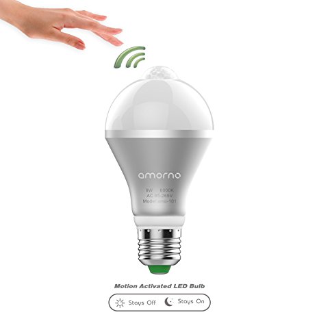 Motion Sensor Light Bulb,AMORNO 9W E26/E27 Smart PIR LED Light Bulb Auto on/off Night lights for Stairs,Garage,Corrido, Walkway,Yard ,Hallway,Patio, Carport (Cool White)