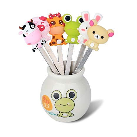 Zeltauto 6 Pcs Stainless Steel Fruit Forks Cute Cartoon Animal Food Picks Salad Cake Dessert Forks, Comes with a Ceramic Holder (Mixed Animal)