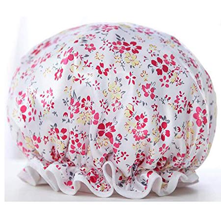 Fashion Design Stylish Reusable Shower cap with Beautiful pattern and color (Adult Size, Red(Little Flower))