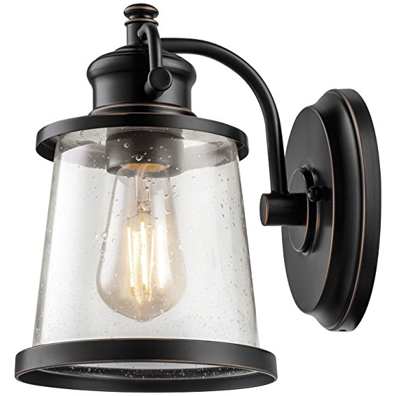 Globe Electric Charlie 1-Light Oil Rubbed Bronze LED Outdoor Wall Mount Sconce with Clear Seeded Glass Shade 44127