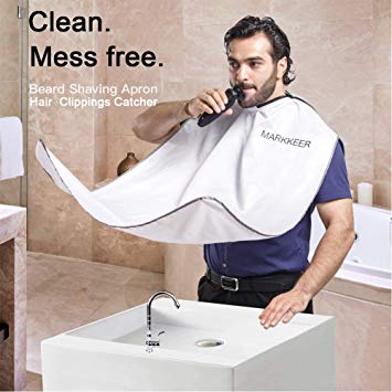 MARKKEER Beard Shaving Apron for Men Shaving,Hair Clippings Catcher & Grooming Cape Apron Trimming Non-Stick Hair,Waterproof,Anti-static (White)