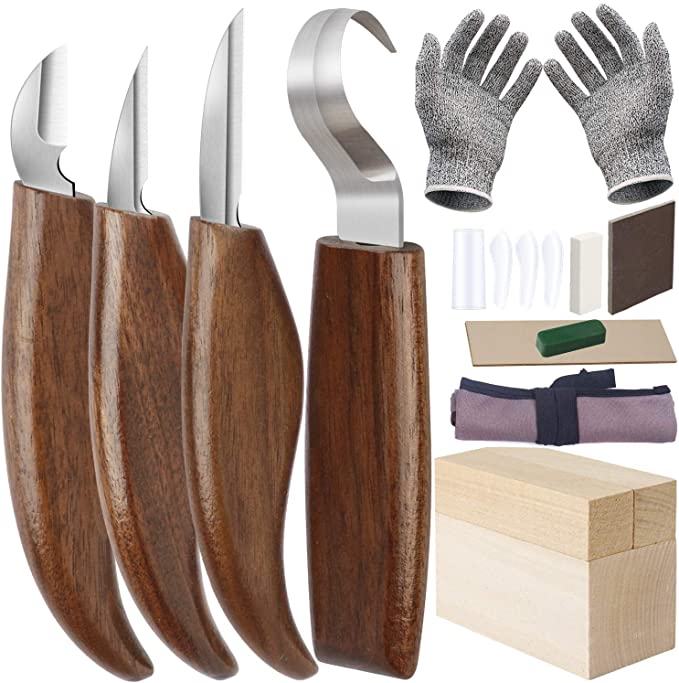 14pcs Wood Carving Tools Set,Whittling Knife Kit for Beginners with Chip Carving Knife,Hook Knife,Detail Knife,Roughing Knife Cut Resistant Gloves Basswood Carving Blocks for Spoon Gnome Owl Woodwork