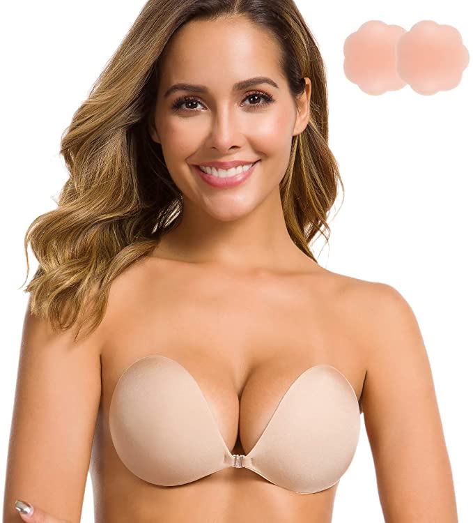 Niidor Adhesive Bra Strapless Sticky Invisible Push up Silicone Bra for Backless Dress with Nipple Covers Nude