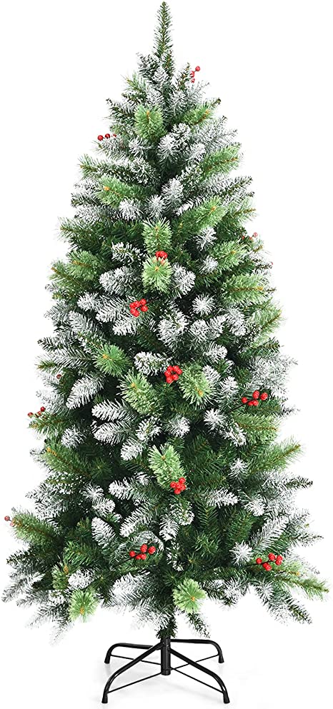 COSTWAY 4ft/5ft/6ft Snow Flocked Christmas Tree, Artificial Pine Xmas Trees with Red Berries, PVC Tips & Metal Stand, Indoor Outdoor Christmas Decoration and Gift (475 PVC Tips, 5ft)