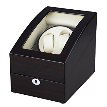 Excelvan Automatic Watch Winder Dual Watch Winder with Extra 3 Leather Storage Case Handmade Wooden Watch Box, 4 Modes Rotation Timer Function - Black & White