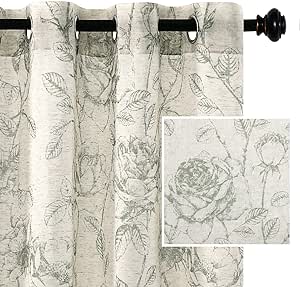 H.VERSAILTEX Linen Curtains Sheer for Nursery Light Filtering Curtains 84 inches Long 2 Panels Bedroom Curtains Farmhouse Window Curtain, W 52" x L 84", Pencil Sketch Style Floral Pattern, Desert Sage