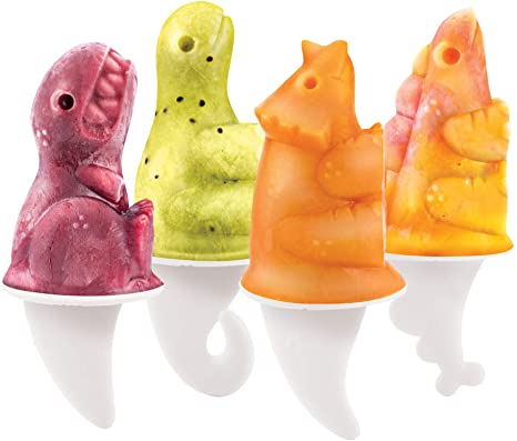 Tovolo Dino Ice Pop Molds, Flexible Silicone, Easily-Removable, Dishwasher Safe, Set of 4 Popsicle Makers with Sticks