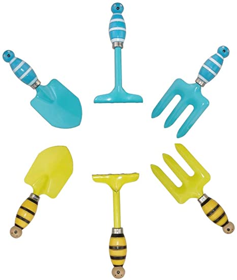 Kids Gardening Tool Sets Strip Bee Handle, Pack of 2 Sets (Blue  Yellow), Mini Small Garden Tool Kit for Children, Beach Sand Play Tool and Toy, Sandbox and Soil Hand Tool Birthday Gifts Party Favors