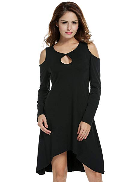 ACEVOG Women's Cold Shoulder Long Sleeve Irregular Hem Tunic Dress Loose Fit T-Shirt Swing Dress