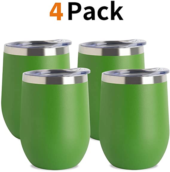 Jearey Stemless Wine Glass Tumbler 12 oz Stainless Steel Double Wall Vacuum Insulated Wine Cup with Lid Travel Friendly (4 Pack, Green)