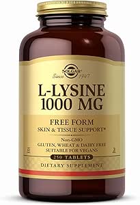 SOLGAR L-Lysine 1000 mg - 250 Tablets - Skin & Tissue Support - Non-GMO, Vegan, Kosher, Gluten Free - 250 Servings