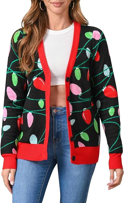 RAISEVERN Ugly Christmas Cardigan Sweater Women Oversized Knit Open Front Tops