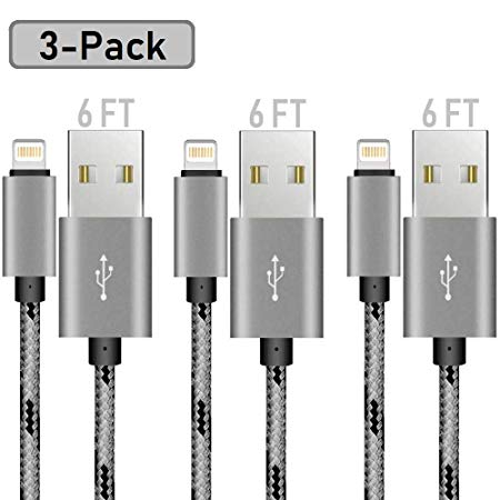 HappinessDuck MFi iPhone Charger Lightning Cable MFi Certified 3-Pack 6ft Nylon Braided USB Charging & Syncing Cord Compatible iPhone X/8/7/6/iPad and More