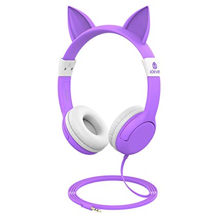 iClever Kids Headphones - Cat-inspired Wired On-ear Headphones for kids, 85dB Volume Control, Food Grade Silicone, Lightweight, Cat-inspired Design, 3.5mm Jack - Childrens Headphones, Purple