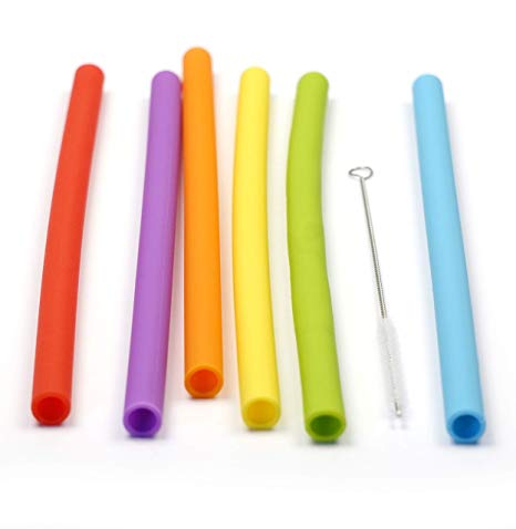 RSVP International (SILI-LG) Silicone 10" Smoothie Straws with Cleaning Brush, 6 Count  | Reusable & Multi-Color | BPA-Free Silicone | For Smoothies, Frappes, Sodas, Tea & More | Dishwasher Safe