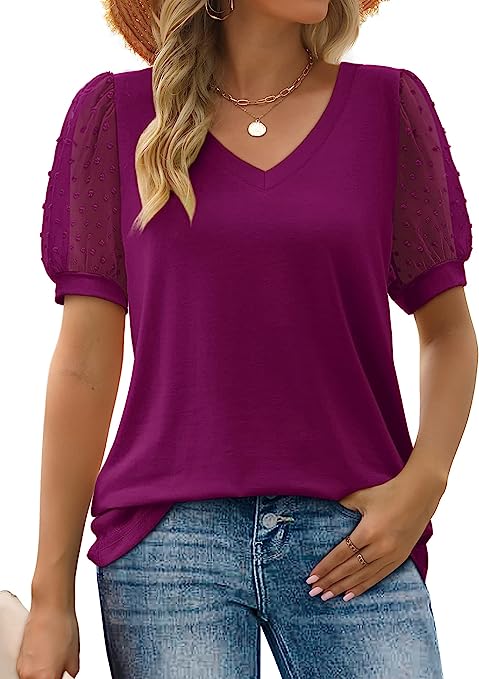 Aokosor Womens Summer Tops V Neck T Shirts Swiss Dot Puff Sleeve Tops Loose Casual Tshirts