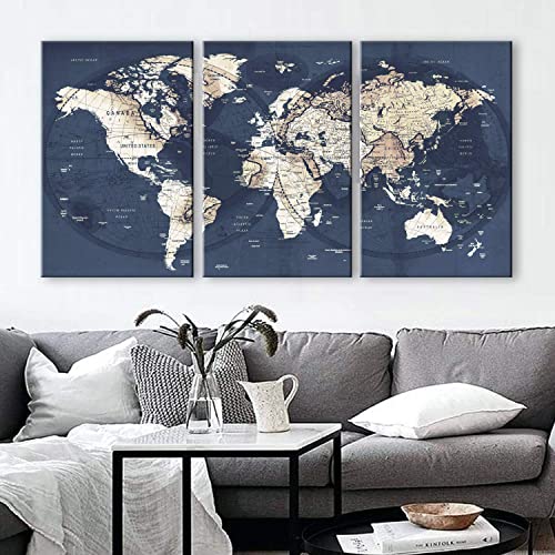 Original by BoxColors LARGE 30"x 60" 3 panels 30x20 Ea Art Canvas Print gray yellow old Map World Push Pin Travel Wall decor home living room (framed 1.5" depth) M1951