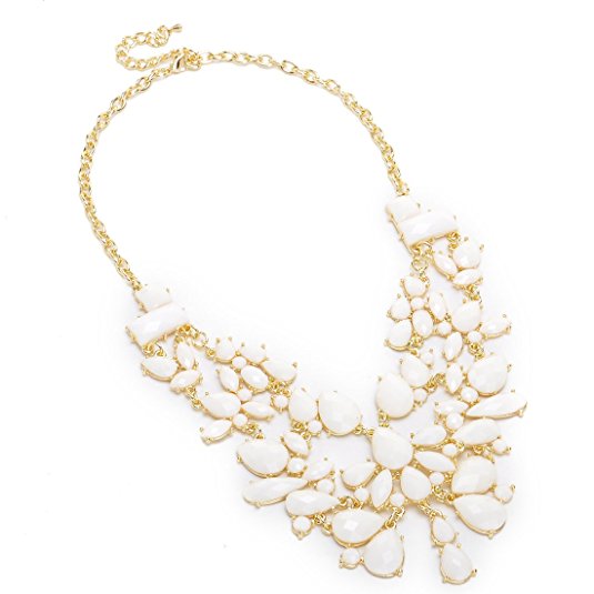 Fashion Gold Tone Chain White Water Drop Resin Beads Hollow Pendant Statement Necklace