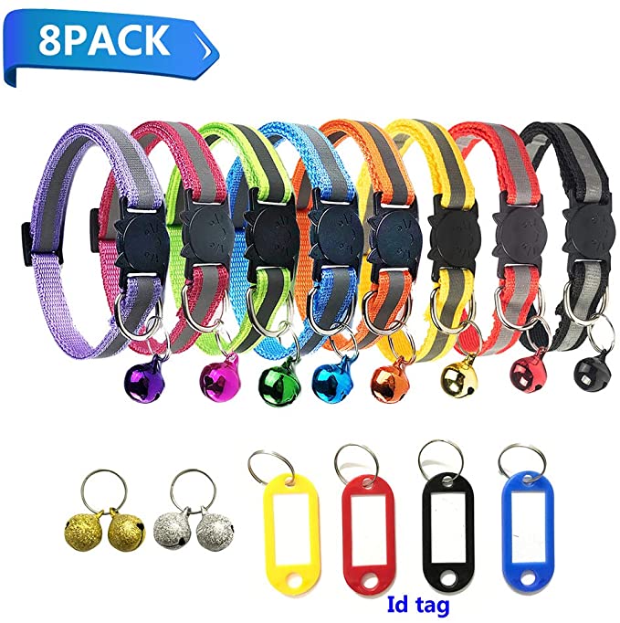 TCBOYING Breakaway Cat Collar with Bell & ID Tag, Mixed Colors Reflective Cat Collars - Ideal Size Weatherproof ID Tags Pet Collars for Cats or Small Dogs(8pcs/Set)