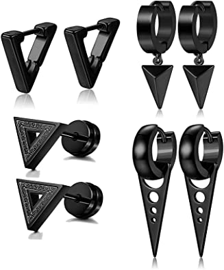 LOLIAS 4 Pairs Stainless Steel Triangle Stud Earrings for Men Women Hoop Dangle Earrings Arrow Punk Huggie Geometric Pendant Earrings,Silver/Black
