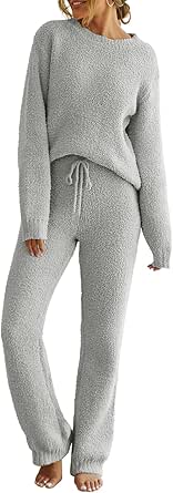 MEROKEETY Womens Fuzzy Fleece Long Sleeve 2 Piece Loungewear Outfits Sweater Pants Pajama Sets