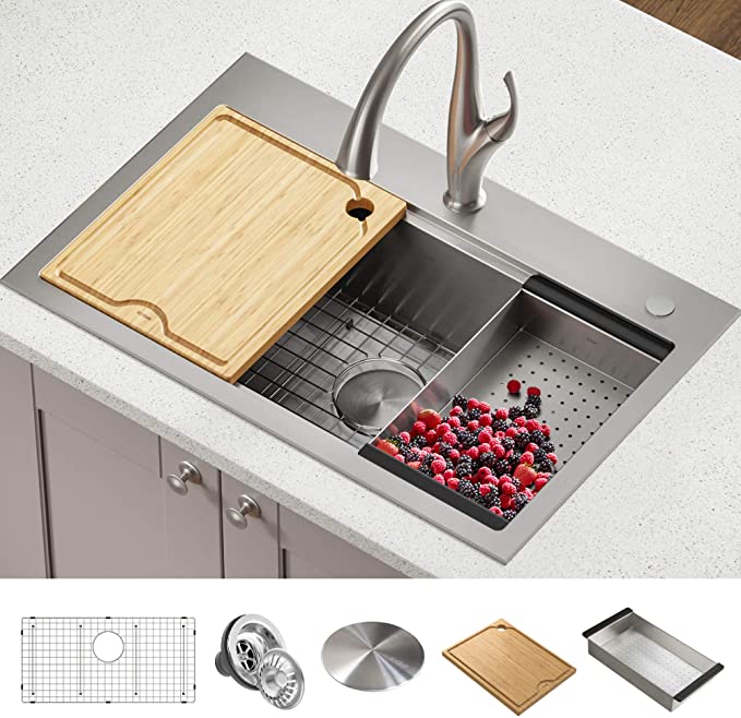 Kraus KWT300-32 Kore Workstation 32-inch Drop-In or Undermount Single Bowl Kitchen Sink with Accessories (Pack of 5), 32 Inch, Stainless Steel