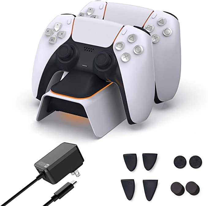 NexiGo Upgraded PS5 Controller Charger with Thumb Grip Kit, Fast Charging AC Adapter, Dualsense Charging Station for Dual Playstation 5 Controllers with LED Indicator, White