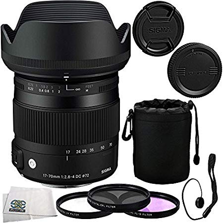 Sigma 17-70mm F2.8-4 DC Macro OS HSM Lens Kit for Canon Digital Cameras Includes: Sigma 17-70mm DC Macro OS HSM Lens, 3 Piece Filter Kit (UV-FLD-CPL), Lens Cap Keeper, Lens Pouch and SSE Microfiber Cleaning Cloth