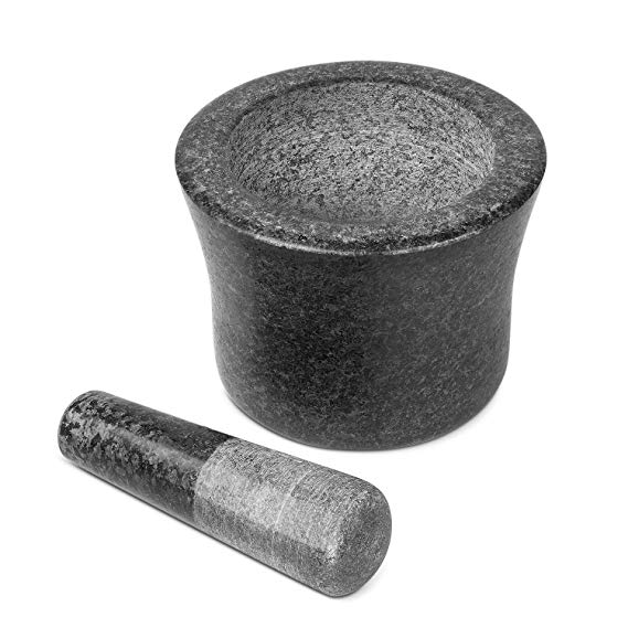 Flexzion Mortar and Pestle Set, Gray - Solid 5.5 inch Heavy Granite Molcajete Stone Grinder Crusher Bowl For Guacamole, Herbs, Spices, Garlic, Medicine Pills, Grain, Seeds, Fruits, Kitchen
