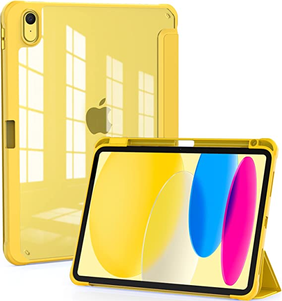 OKP for New iPad 10th Generation Case 2022, ipad 10 th gen Case with Trifold Stand, Auto Wake/Sleep, ipad 10.9 inch Protective Cover with Slim Lightweight Clear PC Back Shell for Women Men, Yellow