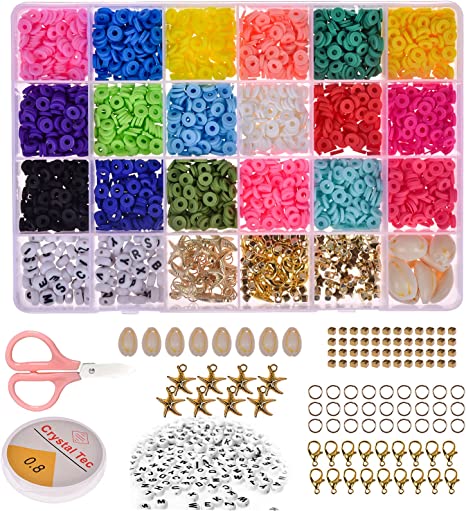 LiZHi 4800Pcs Clay Heishi Beads,19 Colors 6mm Flat Round Spacer Beads for DIY Jewelry Bracelets Necklace Earring Craft Kit with Letter Beads Pendant Charms with Roll Elastic Strings