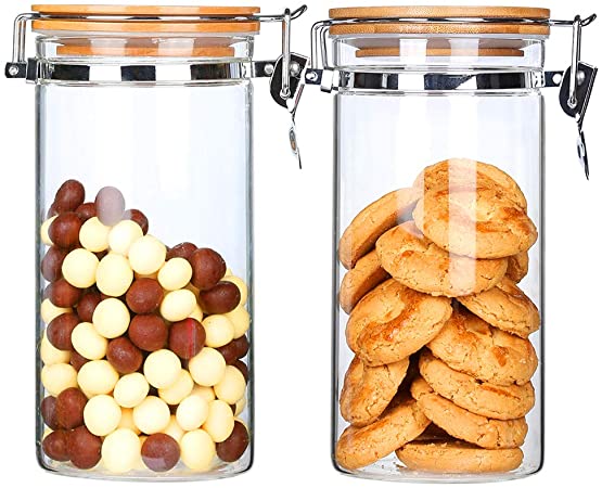 KKC Borosilicate Glass Storage Jars with Airtight Lids,Glass Candy Jars with Locking Clamp Lids,Air Tight Sealed Jars for Cookie,Coffee Bean,Loose Tea, Glass Canister Airtight Lids,40 FLoz,Pack of 2