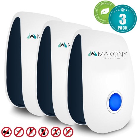 Makony 3 pack Pests Control Ultrasonic Repellent, Electronic Plug -In Pest Repeller for Cockroach, Rodents, Flies, Roaches, Ants, Spiders, Fleas, Mice, Chemical-Free, 100% Safe