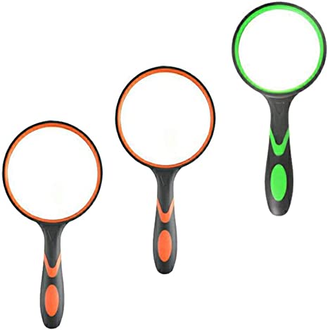 8X Handheld Reading Magnifier with Non-Slip Soft Handle 75mm Thickened 3 Pack for Reading Newspapers Hobby Observation Science(2 Black Orange 1 Black Green