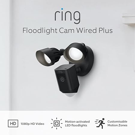 Certified Refurbished Ring Floodlight Cam Wired Plus by Amazon | Outdoor Security Camera 1080p HD Video, LED Floodlights, Siren, Wifi, Hardwired | alternative to CCTV system | Black