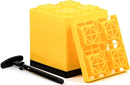 Camco FasTen 2x2 Leveling Block For Single Tires, Interlocking Design Allows Stacking To Desired Height, Includes Secure T-Handle Carrying System, Yellow (Pack of 10)