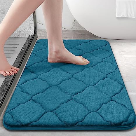 OLANLY Memory Foam Bath Mat Rug, Ultra Soft Non Slip and Absorbent Bathroom Rug, Machine Wash Dry, Comfortable, Thick Bath Rug Carpet for Bathroom Floor, Tub and Shower, 24x16, Peacock Blue