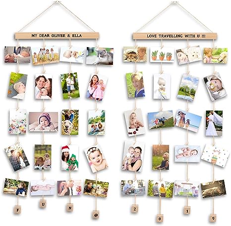 Uping Set of 2 Hanging Photo Display with 40 Clips Photo Display Board for Hanging Prints, DIY Wood Picture Frames Collage for Home Decoration (2 Sheets Alphabet & Number Stickers)