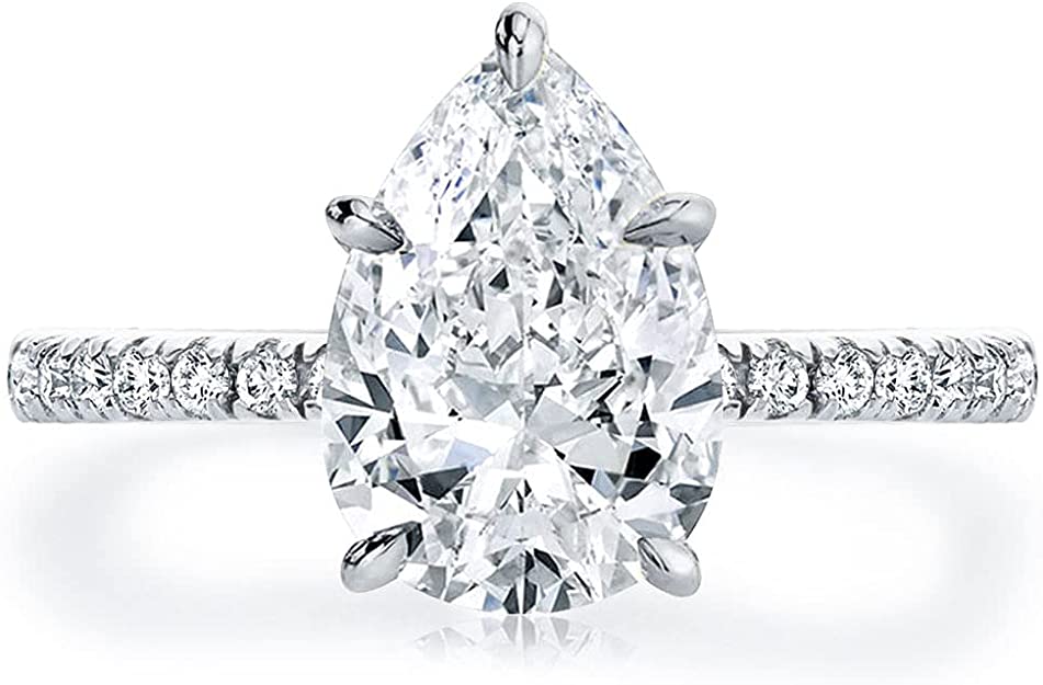 Bo.Dream Platinum Plated Sterling Silver 2 Carat Pear Shaped Cubic Zirconia CZ Engagement Rings