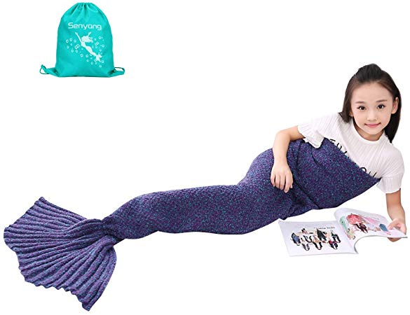 SENYANG Mermaid Tail Blanket, Mermaid Blanket for Kids Hand Crochet Snuggle Kids Mermaid Blanket for Girls, Sweet Girls Gifts for Girls Toys (Purple)