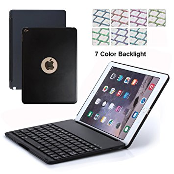 iPad Air 2 Keyboard Case,DINGRICH 7 Colors LED Backlight Ultra-Slim Aluminum Alloy Buttom Bluetooth Keyboard [Built-in Stand] Case Cover For iPad air 2(6th Generation - 2014 Release Only)(Black)